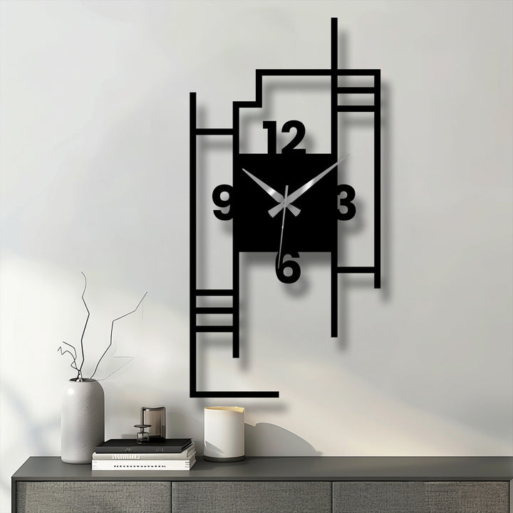 Visual rhythm is established by the black metal wall decor in this modern geometric metal wall clock, creating an artistic city skyline effect.