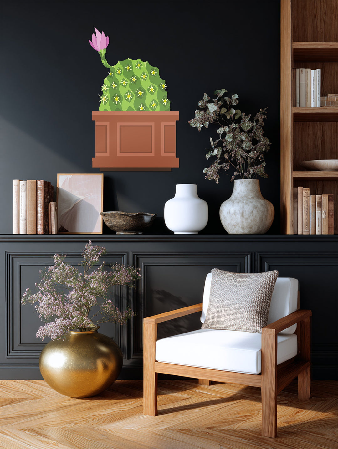 Negative space surrounds a framed metal pink bloom cactus, showcasing decoration wall art against the dark backdrop.