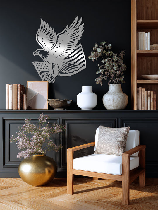 Stillness radiates from the patriotic bald eagle metal wall decor, a symbolic and powerful piece that brings a sense of American pride.