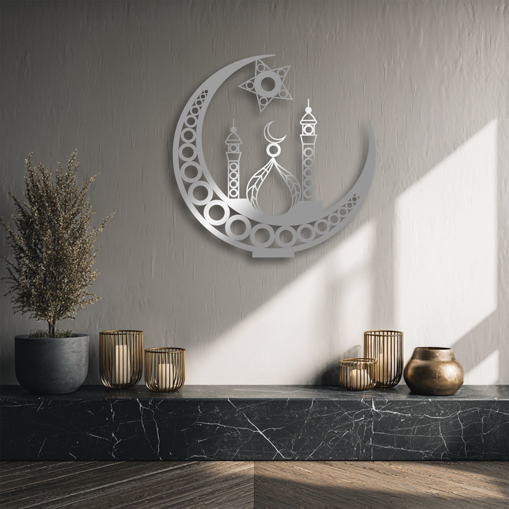 A textured, muted gray wall with dramatic sunlit shadows highlights the elegant Islamic Crescent Moon Mosque metal art for wall.