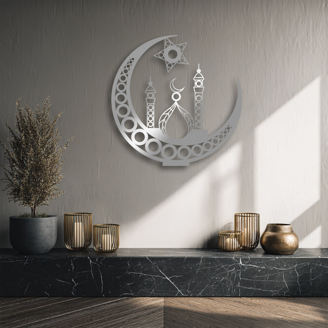 A textured, muted gray wall with dramatic sunlit shadows highlights the elegant Islamic Crescent Moon Mosque metal art for wall.