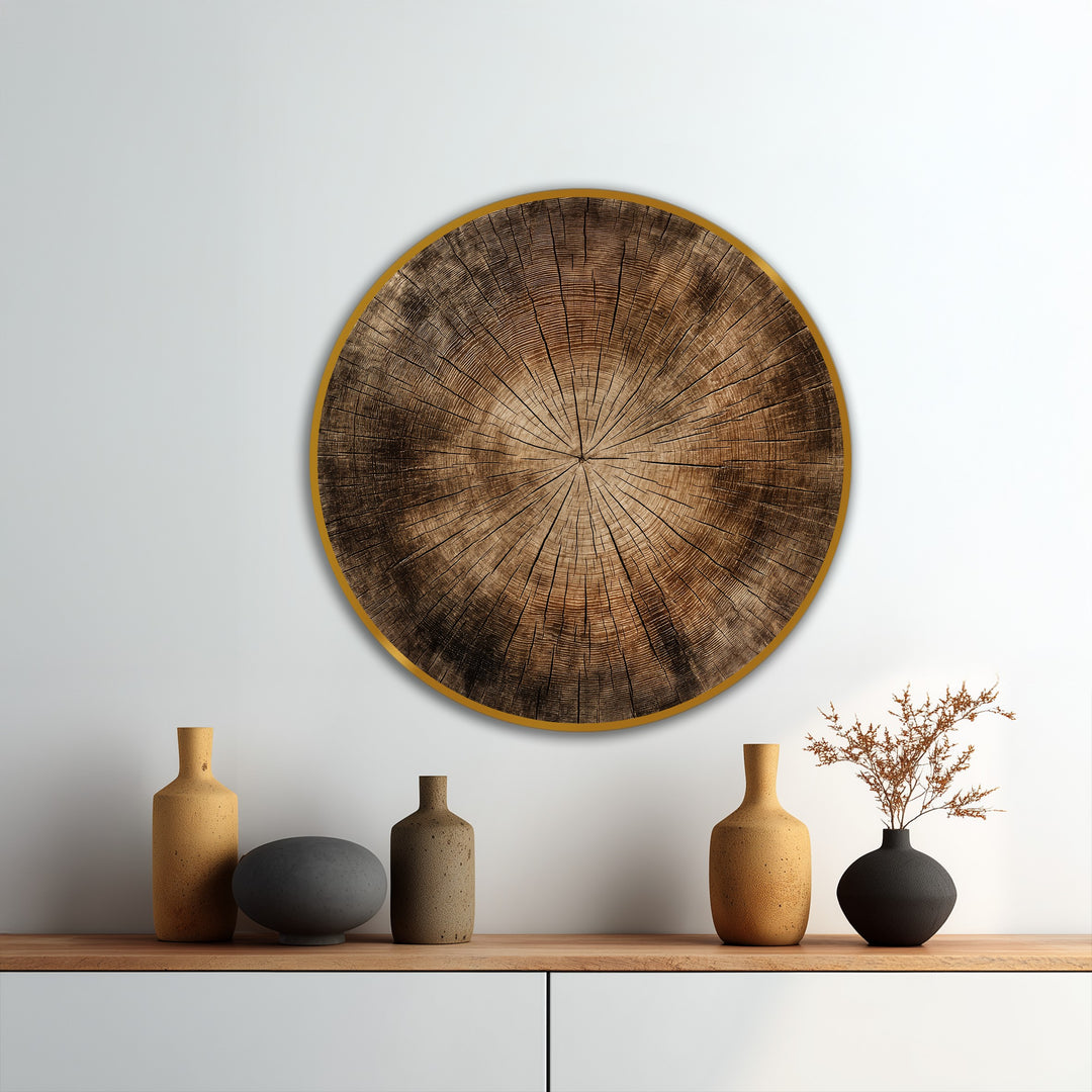 Central subject showcases a round, rustic oil painting artwork depicting the timeless growth of a tree's natural wood texture in detailed rings.