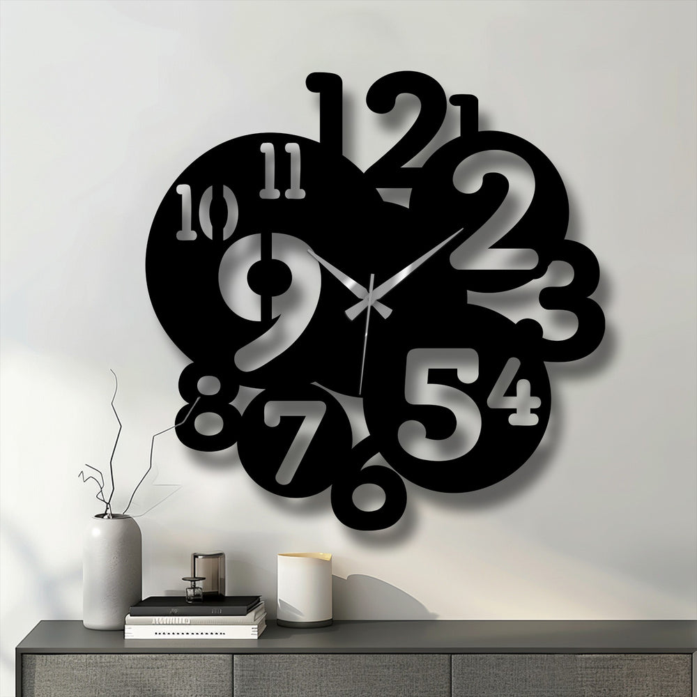 The stillness captured in this overlapping numbers metal art for wall clock showcases the silent passage of time in a contemporary design.