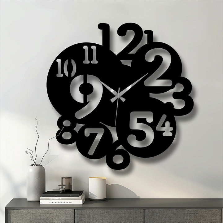 The stillness captured in this overlapping numbers metal art for wall clock showcases the silent passage of time in a contemporary design.