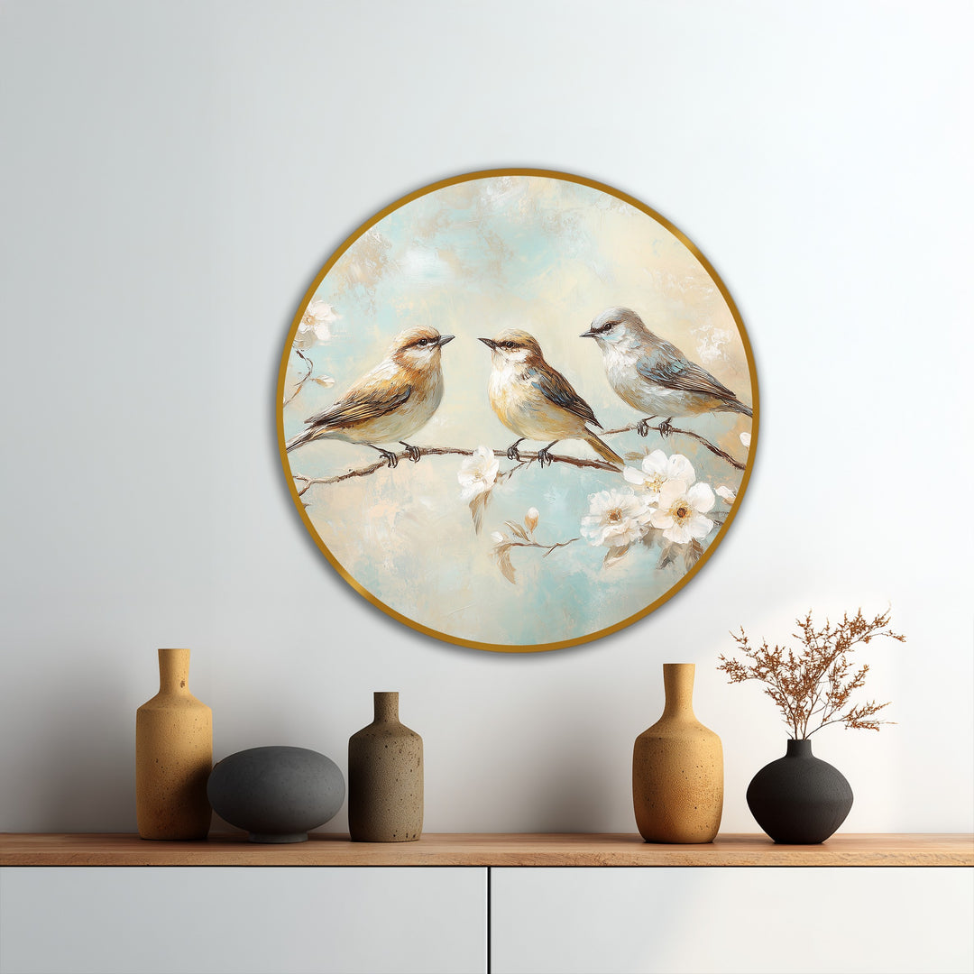 Whispering Blossoms – Three Songbirds Round Oil Painting