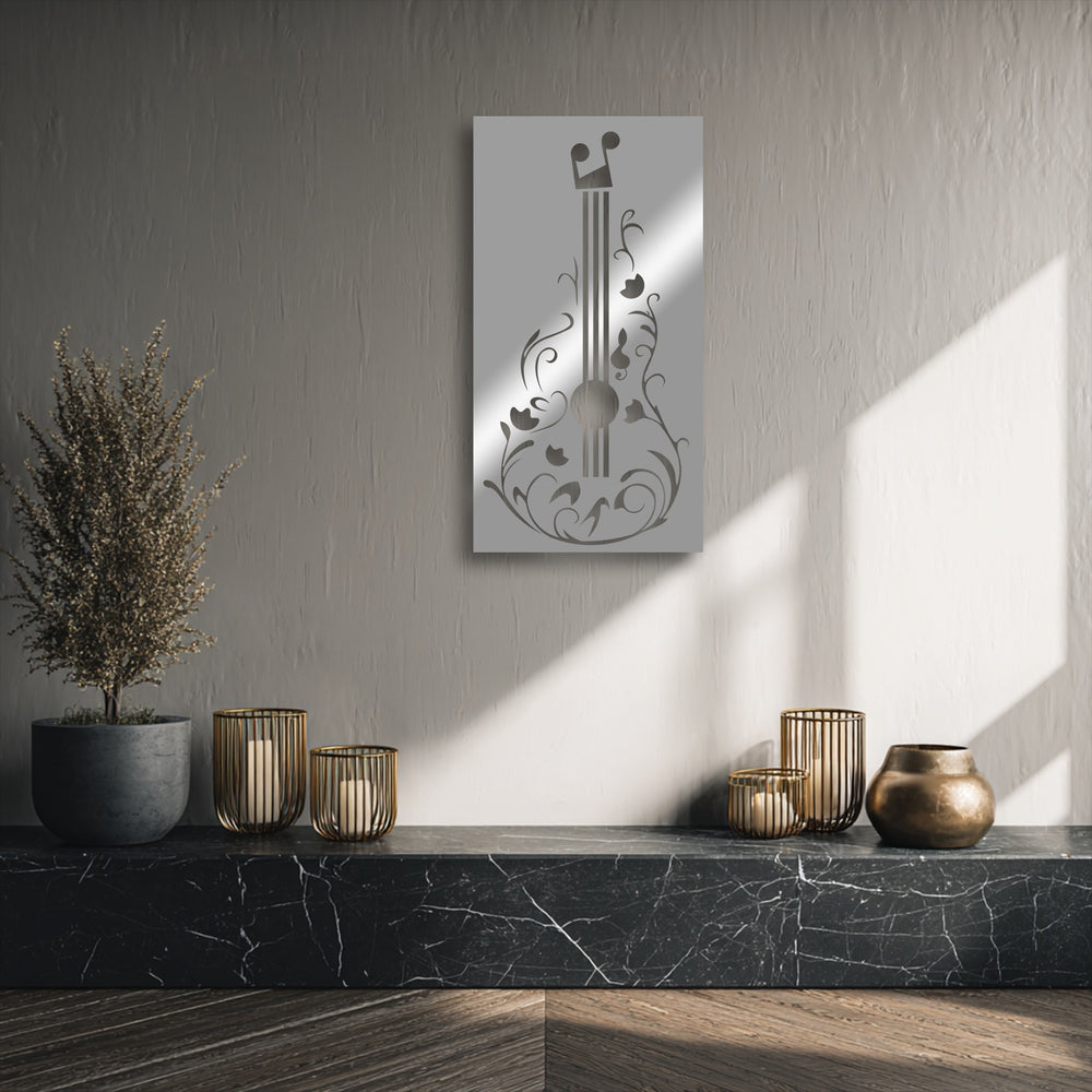 Abstract decorative metal art in a floral guitar shape, blending musical notes and delicate botanicals.