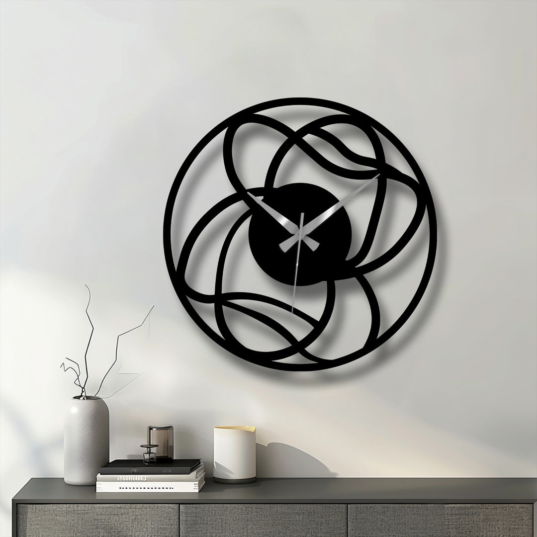 The stillness of the room is accentuated by the modern interwoven abstract geometric decorative clock, a piece of metal art for wall that pauses time in its minimalist form.