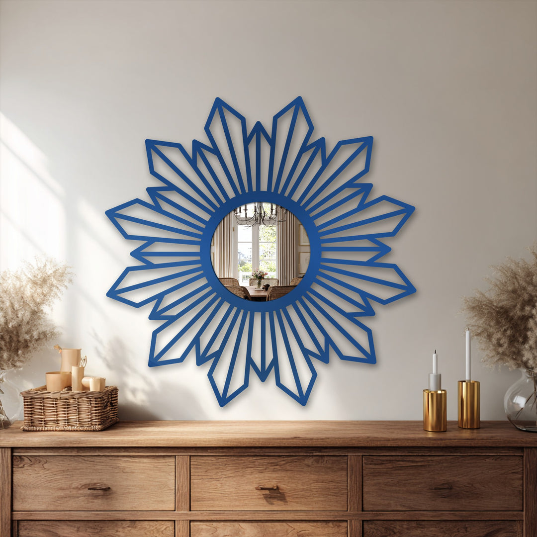 Highlighting the layering effect, this sunburst metal art for wall mirror features a radiant geometric design with overlapping blue accents that create depth and visual interest.