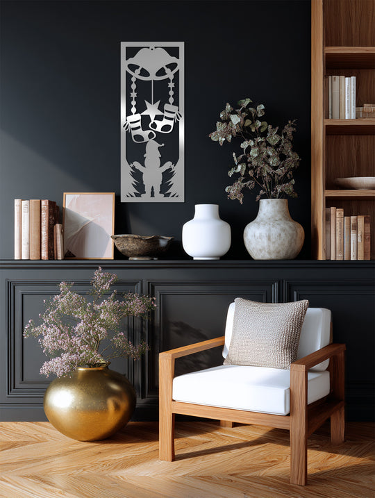 Visual rhythm is created in this Christmas Elf Bells metal art for wall through the playful repetition of shapes and figures in a vertical composition.