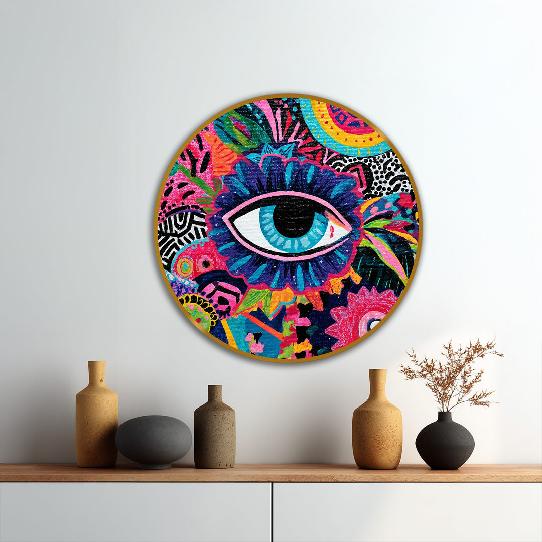Illuminated by the central bright eye, this vivid, abstract round oil painting offers a captivating example of oil painting wall art with its colorful, mystic design.