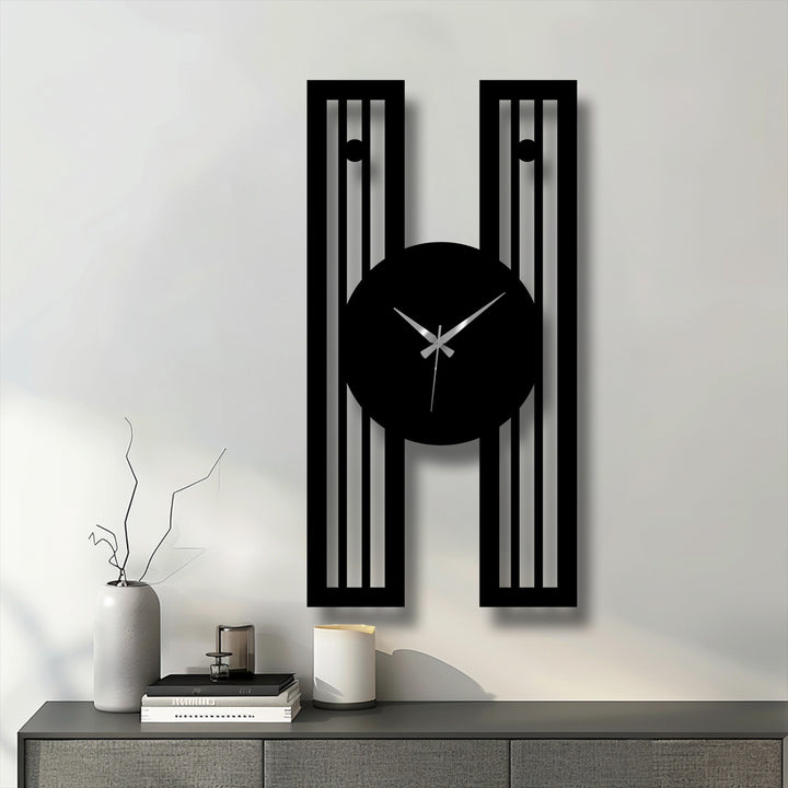 Geometric metal clock showcases a unique metal wall art design with a striking vertical frame and minimalist form.