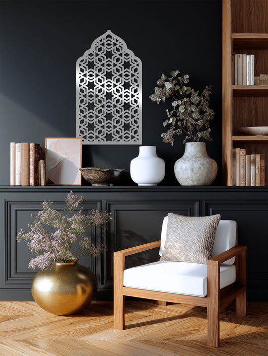 Highlighting the abstract quality, the geometric star lattice arch evokes unique metal wall art, creating a mesmerizing play of light and shadow within the intricate design.