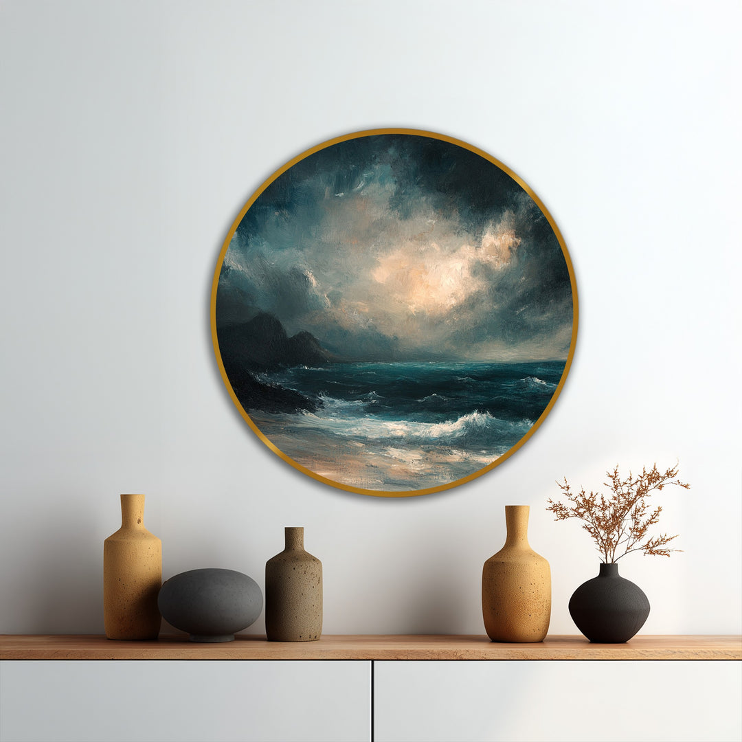 Geometric tempest horizon round oil painting reproduction print features a gold-edged circular frame around a stormy seascape.