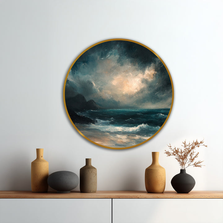 Geometric tempest horizon round oil painting reproduction print features a gold-edged circular frame around a stormy seascape.