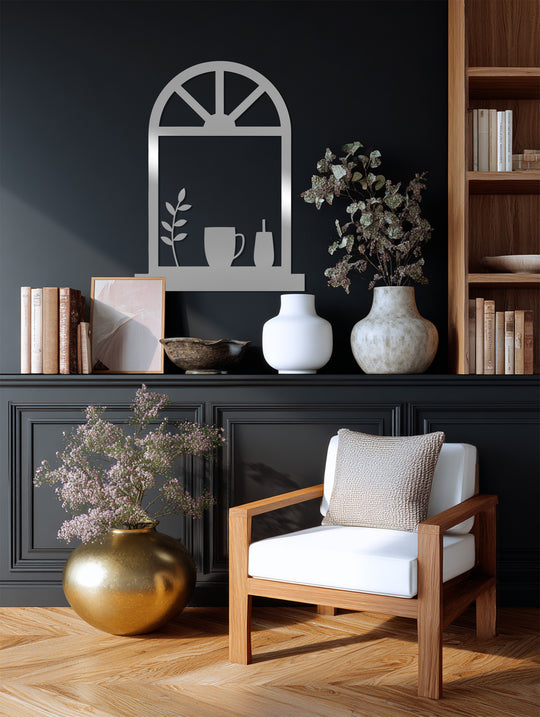 Dark gray enhances the aesthetic in this setting showcasing cozy window scene decoration wall art featuring a coffee mug and plant silhouette.