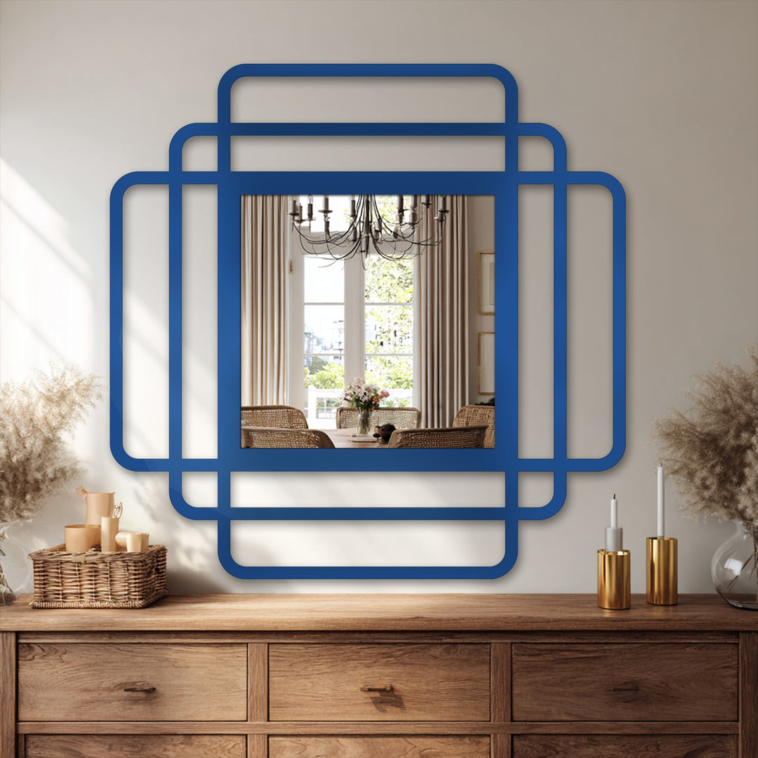 Highly saturated, the blue layered frames of this rounded square modern wall mirror exemplify modern decorating with wall mirrors.