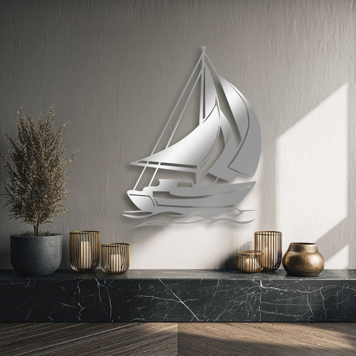 Strong sunlight casts distinct shadows of the unique metal wall art sailing boat onto the textured wall, adding depth.