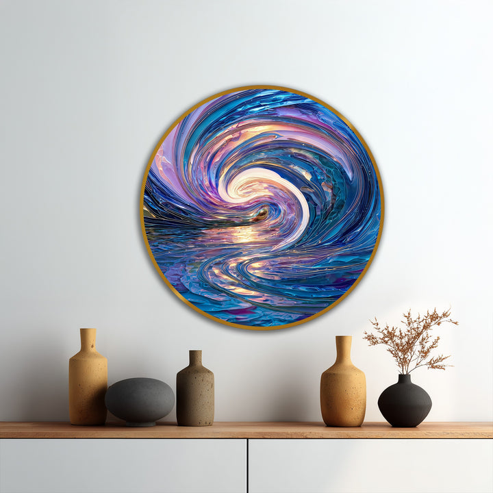 The visible layering effect in this celestial tide oil painting reproduction print creates depth and movement within the iridescent wave's swirling colors.