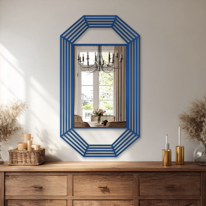 Color transitions highlight the linear design in this octagonal-framed stained glass wall mirror, emphasizing the modern black metal aesthetic.