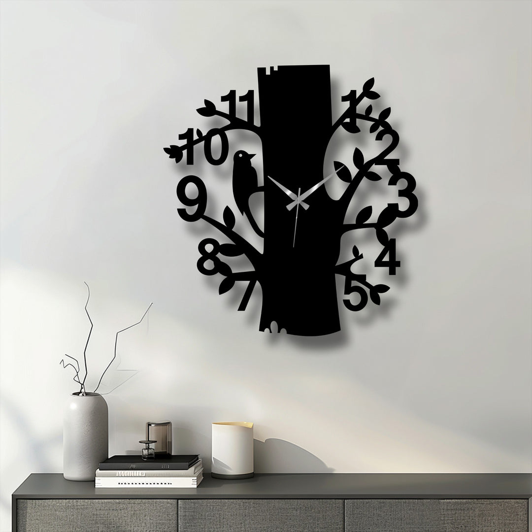 Foreground view of the forest bird metal wall clock showcases a unique decoration wall art piece featuring a nature-inspired tree design.