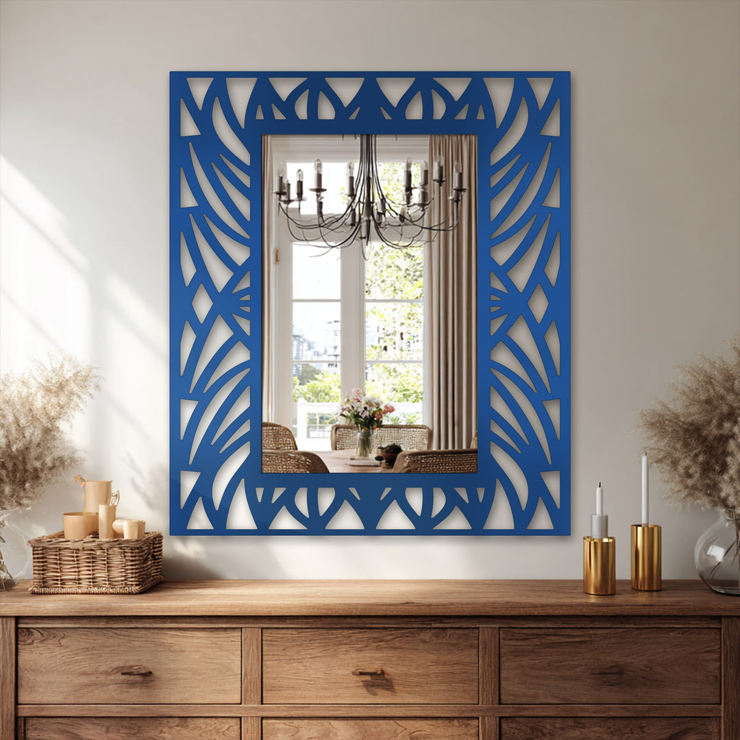 With a cool color temperature, this abstract botanical pattern frame floor modern mirror adds a stylish touch with its black metal design and reflective surface.