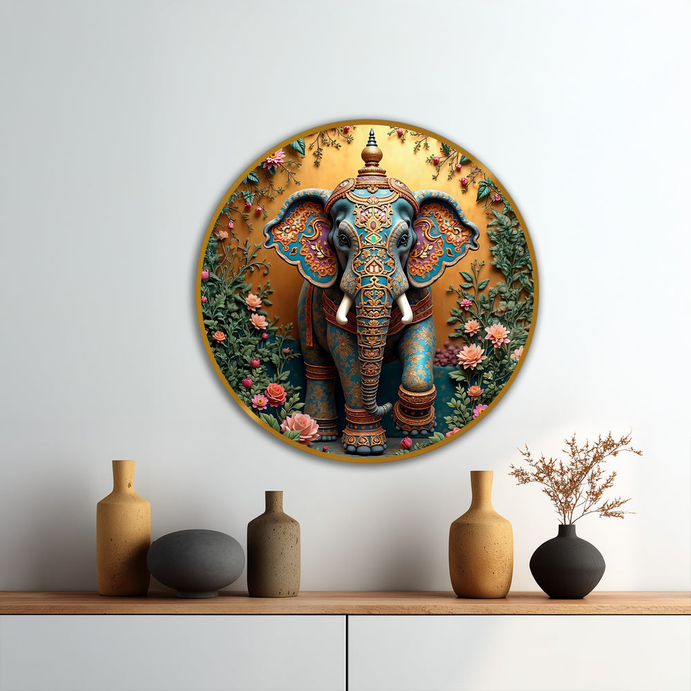 Vibrant color contrast defines this round oil painting of a floral Ganesha, showcasing modern oil painting art through its ornate gold details and lush botanical backdrop.