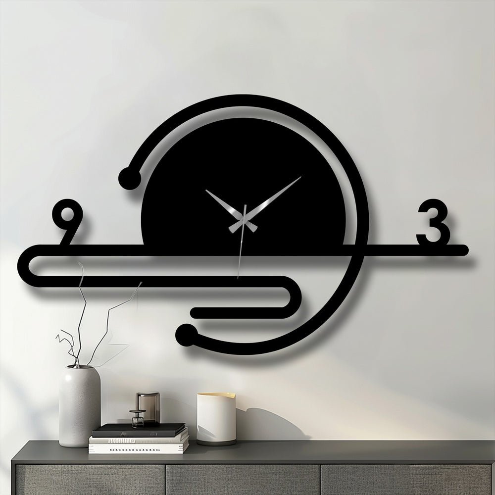 Black dominates this minimalist orbit line metal wall clock, a stylish piece of metal art for wall that offers a modern, geometric touch to home decor.