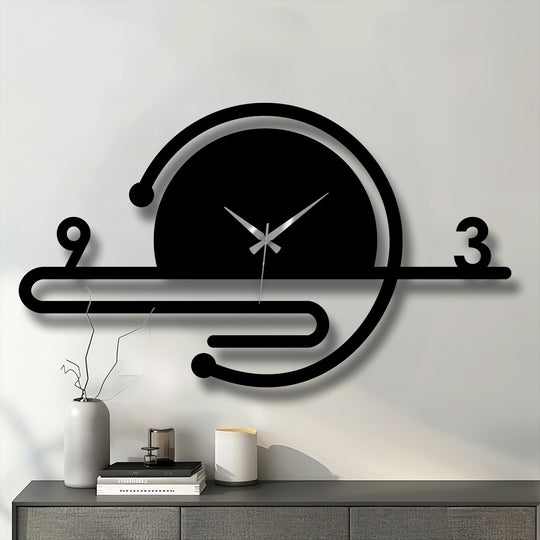 Black dominates this minimalist orbit line metal wall clock, a stylish piece of metal art for wall that offers a modern, geometric touch to home decor.