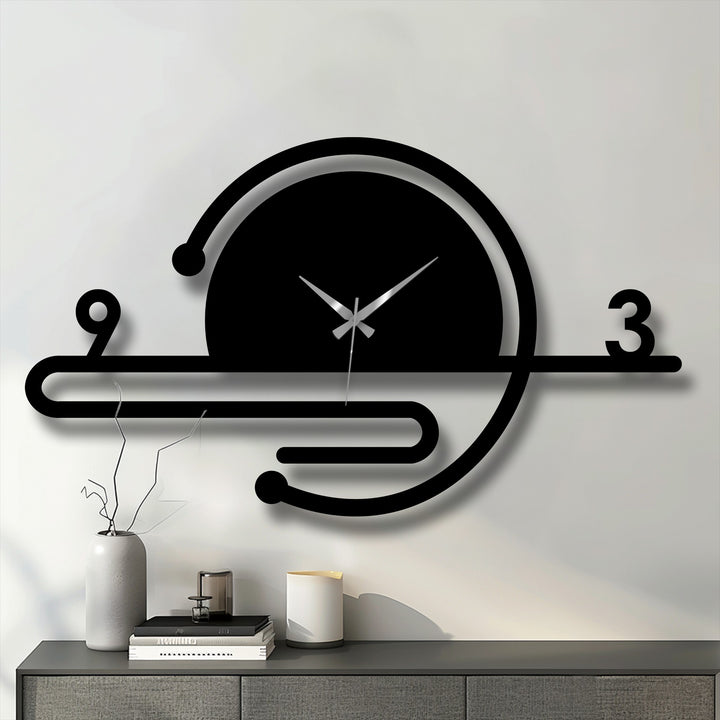 Black dominates this minimalist orbit line metal wall clock, a stylish piece of metal art for wall that offers a modern, geometric touch to home decor.