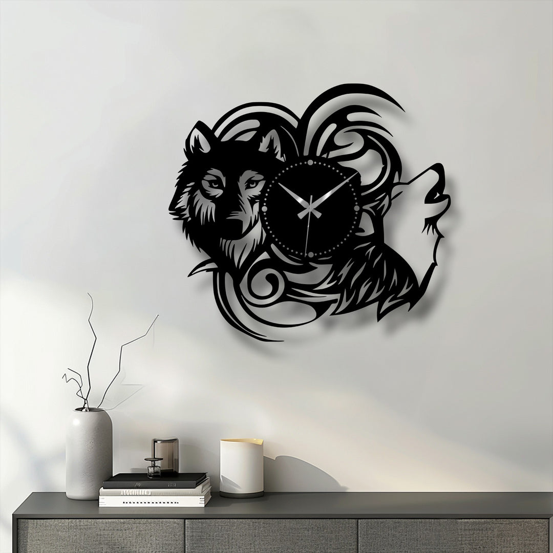 Repeating curves and sharp angles create a compelling visual rhythm in this wolf silhouette metal art for wall clock, blending tribal design with modern functionality.