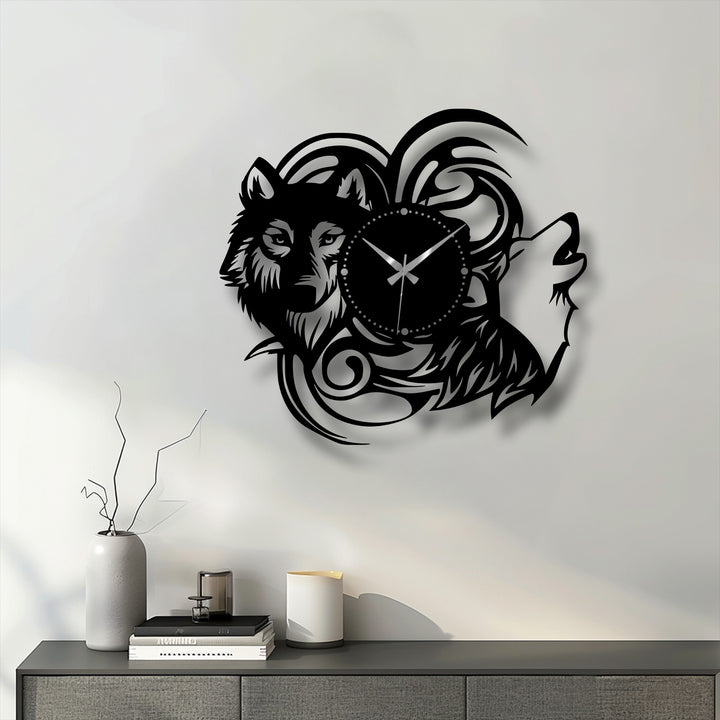 Repeating curves and sharp angles create a compelling visual rhythm in this wolf silhouette metal art for wall clock, blending tribal design with modern functionality.