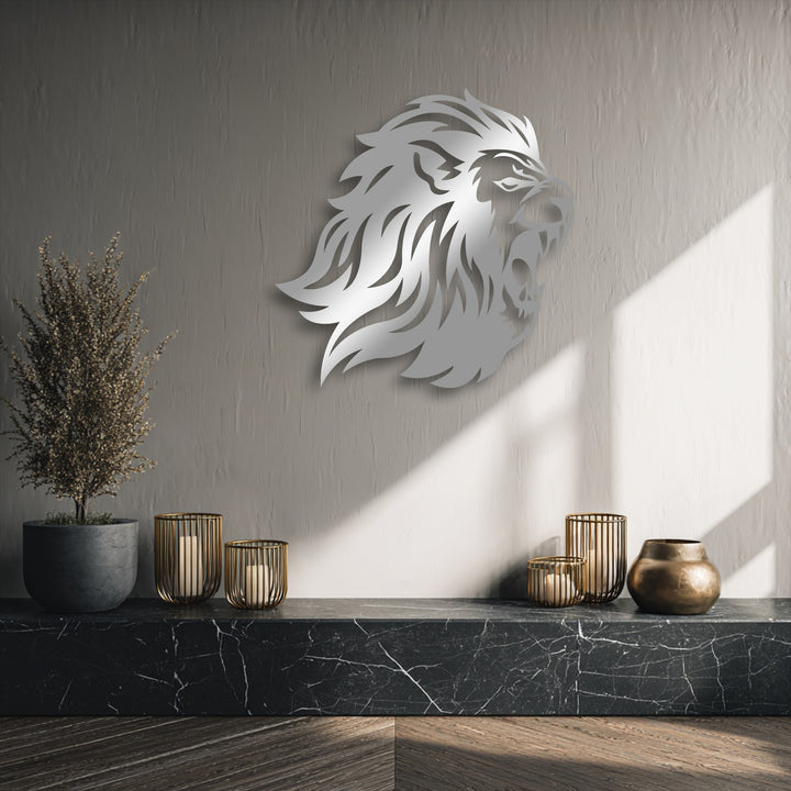 The striking roaring lion head metal art for wall dramatically depicts bold power with its intricate, silvery design.
