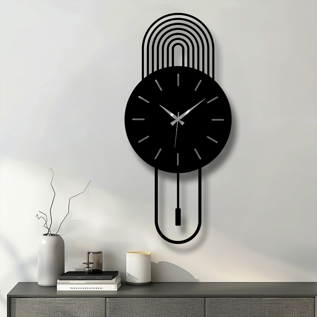 Showcasing my minimalist pendulum design, this modern arc metal wall clock presents a decoration wall art that accentuates my sleek lines and time-telling function.