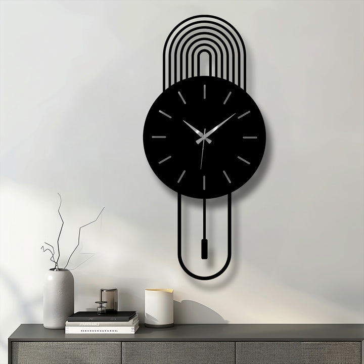 Showcasing my minimalist pendulum design, this modern arc metal wall clock presents a decoration wall art that accentuates my sleek lines and time-telling function.