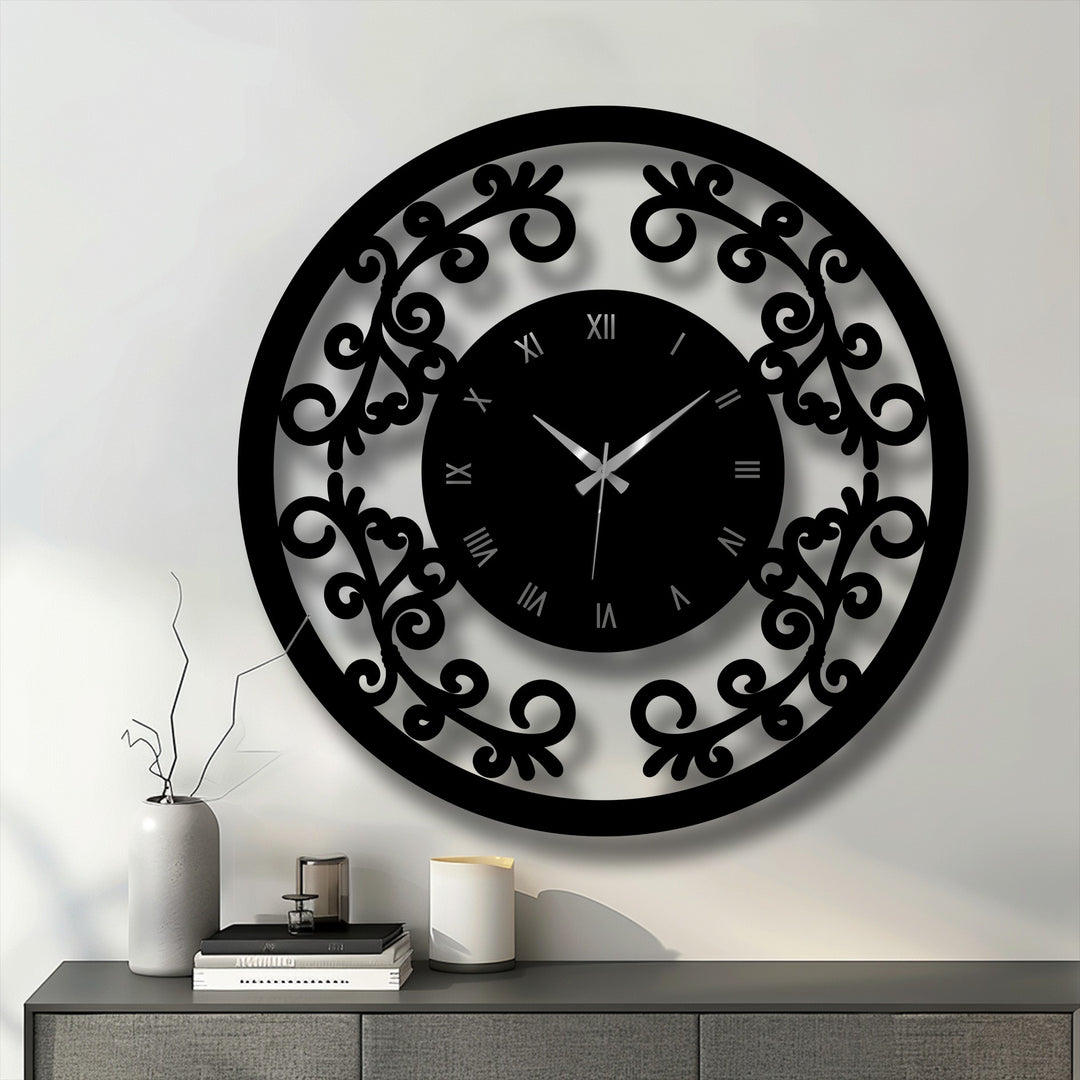Darkest area highlights the intricate floral details of this ornamental metal wall decor clock, offering a vintage touch with its Roman numerals.