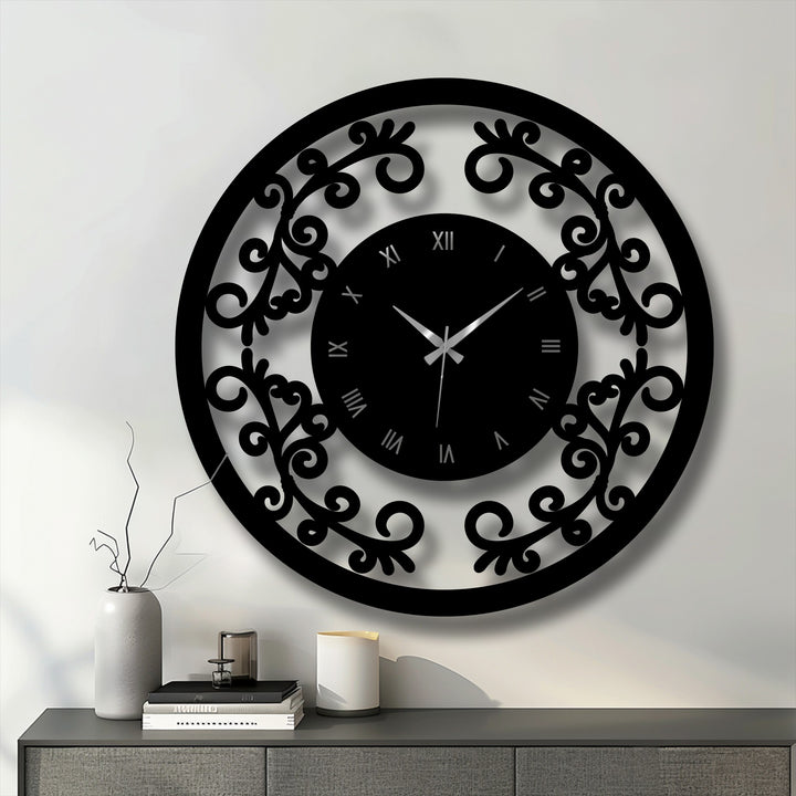 Darkest area highlights the intricate floral details of this ornamental metal wall decor clock, offering a vintage touch with its Roman numerals.