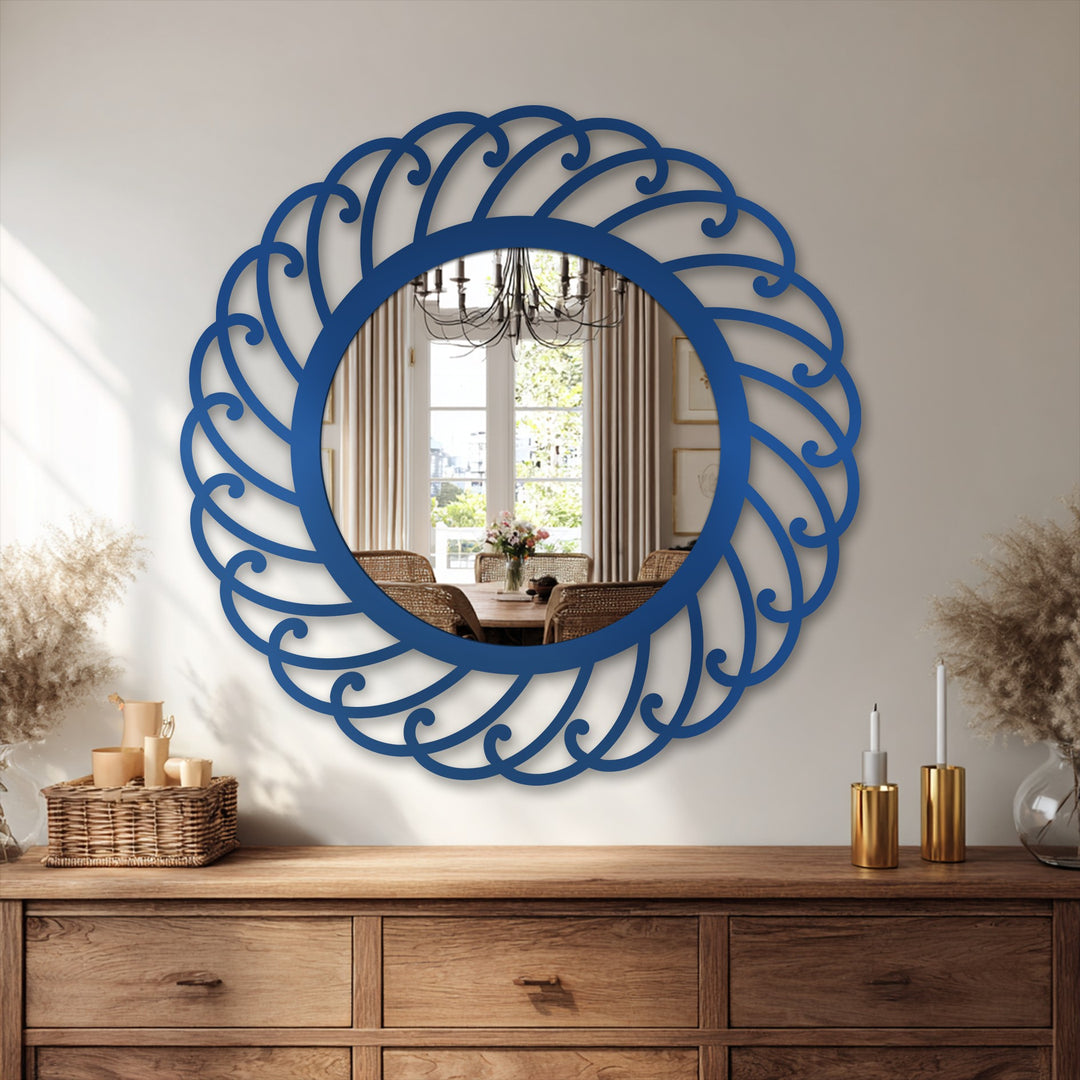 Round, blue swirl pattern mirror for wall decor, this wall mirror presents a captivating orientation with an elegant, spiral design.
