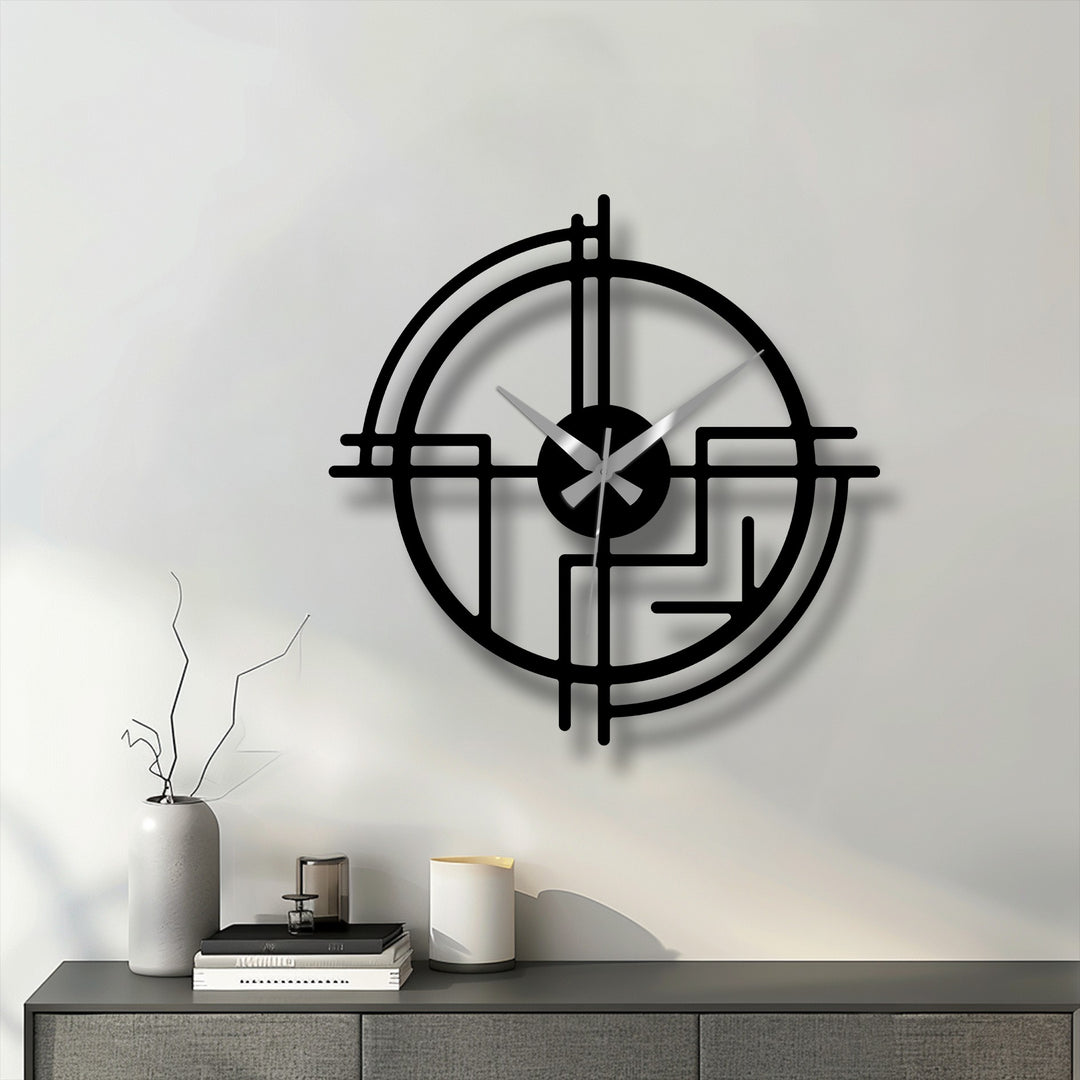 Smooth, powder-coated surface texture defines this modern abstract line metal wall clock, a minimalist decoration wall art piece that casts a subtle shadow on the wall.
