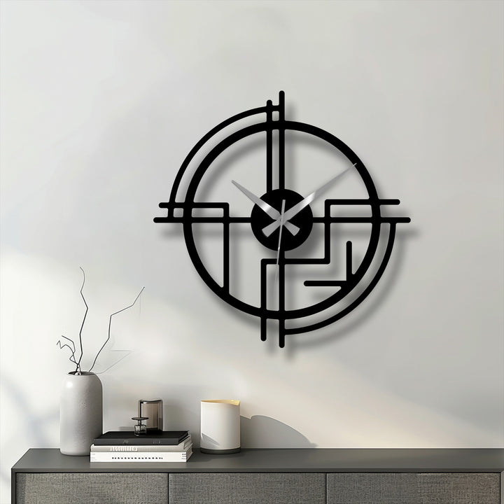 Smooth, powder-coated surface texture defines this modern abstract line metal wall clock, a minimalist decoration wall art piece that casts a subtle shadow on the wall.