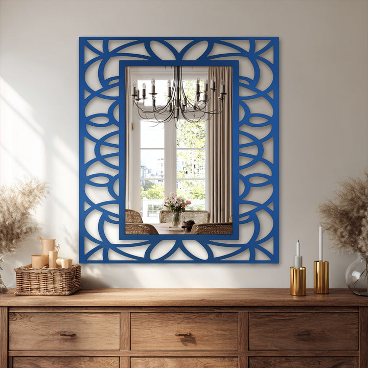 Reflected in this floral frame floor mirror, the background reveals a dining room scene, enhancing decorating with wall mirrors.