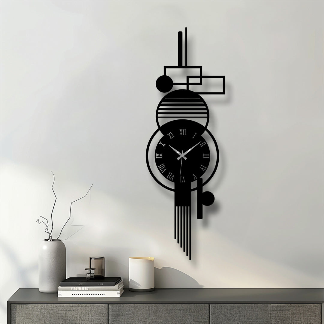 Subtle variations in shade enhance the modern metal wall decor, highlighting the abstract geometric design of this vertical metal wall clock with Roman numerals.