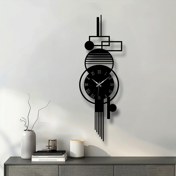 Subtle variations in shade enhance the modern metal wall decor, highlighting the abstract geometric design of this vertical metal wall clock with Roman numerals.