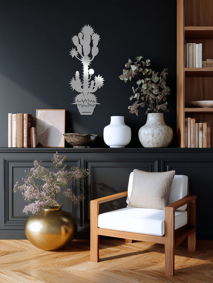 The stillness of the room is enhanced by the reflective spiky desert cactus metal wall decor, a striking piece of metal wall art casting soft reflections.