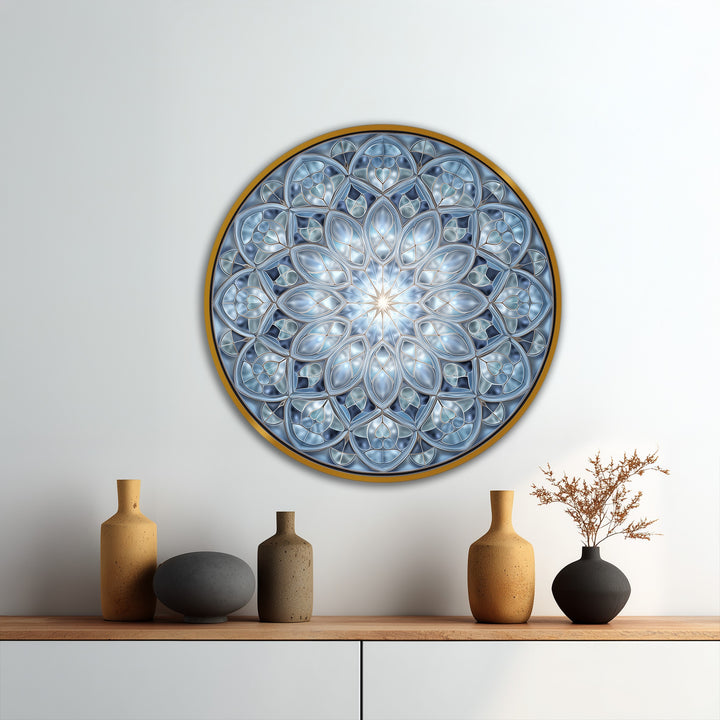 Against the stark white background, the round blue mandala oil painting art prints on wood adds a serene focal point to a minimalist decor arrangement.