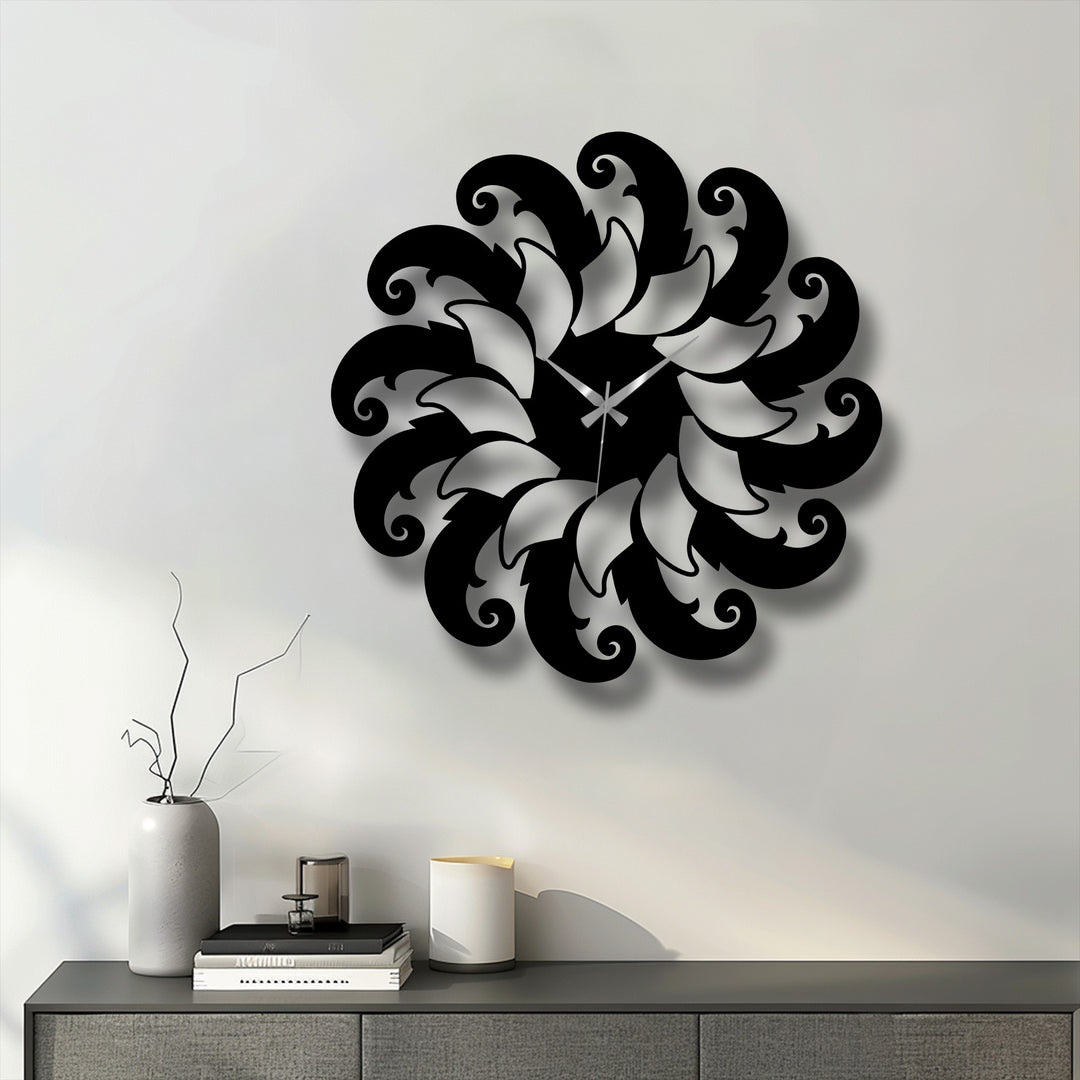 The elegant floral spiral metal artwork wall clock features intricate depth and distinct layers, enhancing its decorative design.