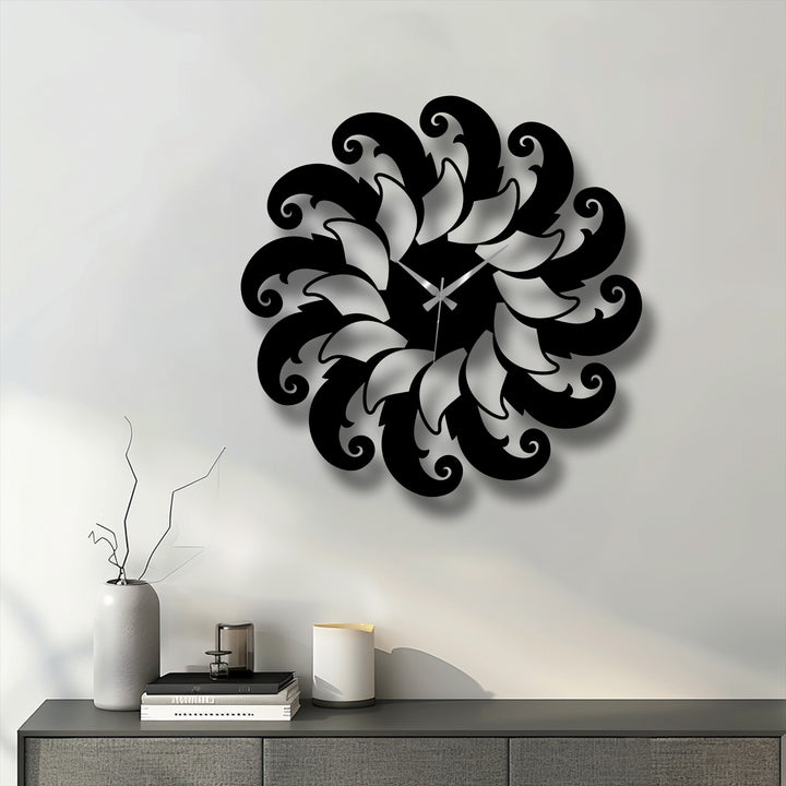 The elegant floral spiral metal artwork wall clock features intricate depth and distinct layers, enhancing its decorative design.