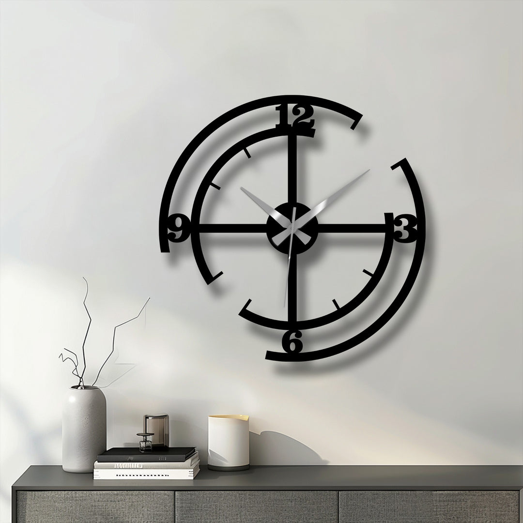 Highlighting decorative metal art, the modern minimalist wall clock features a black geometric design, serving as a striking, central subject.