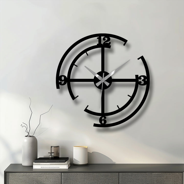 Highlighting decorative metal art, the modern minimalist wall clock features a black geometric design, serving as a striking, central subject.