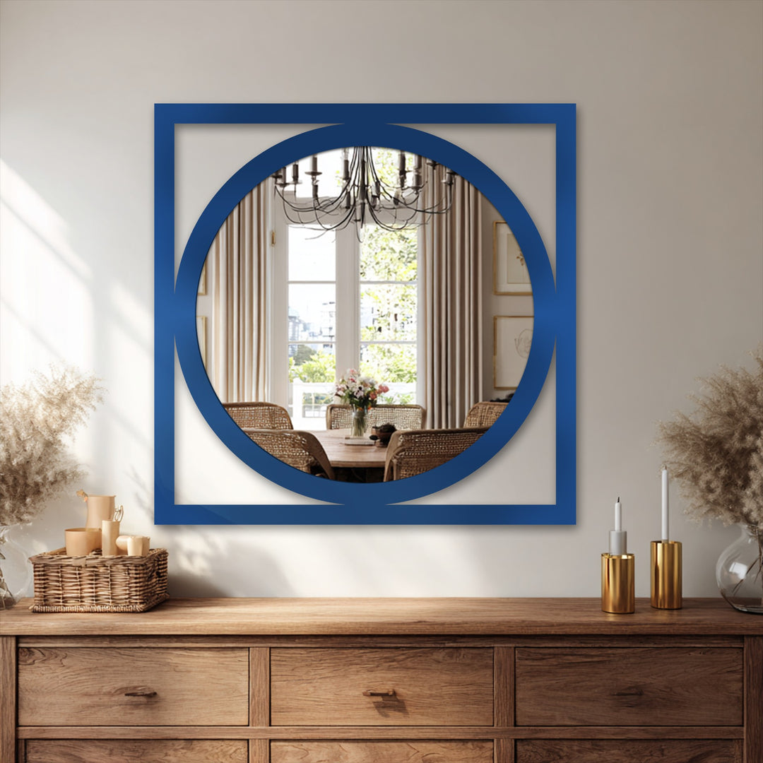 Highlighting the abstract quality, this square frame round mirror presents captivating geometric intrigue, enhanced as decorative metal art for wall in any modern space.