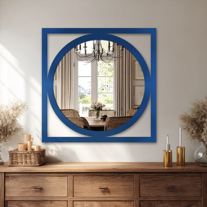 Highlighting the abstract quality, this square frame round mirror presents captivating geometric intrigue, enhanced as decorative metal art for wall in any modern space.